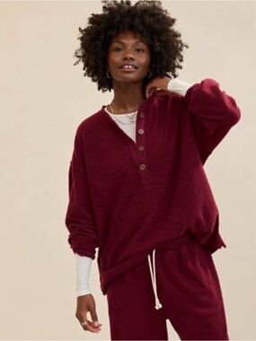 aerie burgundy fleece knit lounge wide leg pants and Henley sweatshirt size S